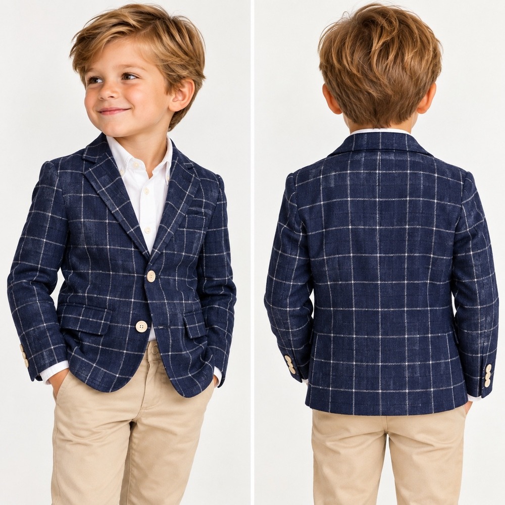 Janie and Jack Boys 4 Navy Blue Grid Linen Cotton Blazer Wedding Preppy Pictures